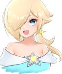  1girl aqua_dress aqua_eyes bare_shoulders blonde_hair blue_eyes blush_stickers brooch closed_mouth collarbone commentary cropped_torso dress earrings hair_over_one_eye highres jewelry long_hair looking_at_viewer mario_(series) off-shoulder_dress off_shoulder one_eye_covered rosalina simple_background solo star_(symbol) star_brooch star_earrings super_mario_galaxy super_mario_galaxy_2 tomatomiya upper_body white_background 
