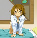  all_fours alternate_hairstyle barefoot bed bed_sheet blanket blush bow breasts brown_eyes brown_hair buttons cleavage downblouse face hair_down k-on! kneeling lavoy_(kurakuro) naked_shirt open_clothes open_shirt pillow ribbon school_uniform shirt short_hair small_breasts smile solo tainaka_ritsu 