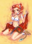  absurdres armband bikini breasts cleavage dancer's_costume_(dq) dragon_quest dragon_quest_viii earrings goto_p highres jessica_albert jewelry medium_breasts navel red_hair side-tie_bikini sitting smile solo strap_gap swimsuit twintails wariza whip wristband yellow_eyes 