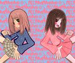  azumanga_daiou blush brown_eyes brown_hair flcl hair_over_one_eye kasuga_ayumu looking_back molokomoko multiple_girls parody plaid plaid_skirt red_eyes red_hair samejima_mamimi school_uniform skirt smile style_parody sweater texture 