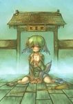  animal_ears bamboo_broom blush breasts broom cleavage danbo_(rock_clime) gate green_eyes green_hair kasodani_kyouko large_breasts open_clothes sitting solo tail tears touhou wariza 
