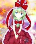  blue_eyes blush bow dress flower frills front_ponytail furomaaju_(fromage) green_hair hair_bow hair_flower hair_ornament hair_ribbon kagiyama_hina long_hair ribbon smile solo touhou 