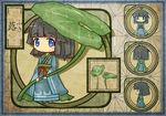  akihiyo asa_no_ha_(pattern) black_hair blue_eyes blush_stickers character_sheet fairy from_behind japanese_clothes kimono leaf leaf_umbrella original personification translated 