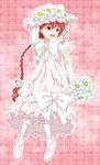  :d alternate_costume bare_shoulders bouquet braid dress elbow_gloves flower gloves hair_flower hair_ornament happy hat highres long_hair magic_knight_rayearth niko_(h-l) open_mouth pink_background red_eyes red_hair shidou_hikaru shoes single_braid sitting smile very_long_hair 
