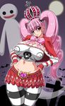  blush bow bowtie breasts cleavage cross crown ghost highres huge_breasts large_breasts one_piece perona pink_hair smile striped striped_legwear thick_thighs thighs yukimaru_(gojo) yukimarugojo 