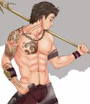  1boy abs chest highres male male_focus muscle pecs solo tattoo topless 