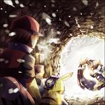  cave eating food lowres noodles ookido_green pidgeot pikachu pokemon red_(pokemon) snow soup 