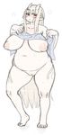  1girl blush breasts chikurako_kanoeki chubby demon fat female horn horns huge_breasts inverted_nipples jon_henry_nam looking_at_viewer monster_girl nam3ya nipples nude overweight plain_background plump pointy_ears pussy red_eyes solo uncensored white_background 