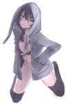  bikini_top black_hair black_legwear darth_wooser front-tie_top hands_in_pockets hood hoodie kneeling nishieda no_panties original red_eyes simple_background smile solo thighhighs 