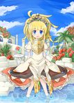  armor armored_dress bad_id bad_pixiv_id blonde_hair blue_eyes blush crown dress haradaiko_(arata_himeko) princess_(sekaiju) sekaiju_no_meikyuu sekaiju_no_meikyuu_3 sitting water 