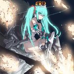  album_cover aqua_eyes aqua_hair boots cover crown detached_sleeves glowing glowing_hair hatsune_miku long_hair saitou_masatsugu sitting solo twintails vocaloid 