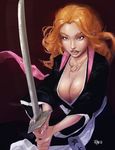  bleach breasts cleavage highres ismael japanese_clothes jewelry large_breasts lips long_hair matsumoto_rangiku mole mole_under_mouth necklace orange_hair scarf sketch solo sword weapon 