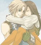  1boy 1girl black_hair blonde_hair bodysuit breasts brown_hair chii_chii commentary final_fantasy final_fantasy_ix garnet_til_alexandros_xvii gloves long_hair low-tied_long_hair orange_bodysuit short_hair smile zidane_tribal 