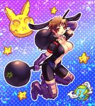  :d animal_ears bad_id bad_pixiv_id boots breasts brown_eyes brown_hair bunny_ears center_opening choker full_body getsumento_heiki_miina gloves happy kneeling large_breasts navel ootsuki_mina open_clothes open_mouth planet polka_dot short_hair smile solo star very_short_hair z4 