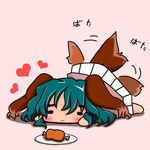  :3 animal_ears bad_id bad_pixiv_id blush boned_meat chibi dress food green_hair heart kasodani_kyouko lying meat o_omune_(kagu8) on_stomach pink_dress plate solo tail tail_wagging touhou 