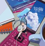  album_cover aqua_eyes aqua_hair cellphone cloud coffee cover cup day earphones earphones_removed from_above guitar_(guitars) hatsune_miku highres long_hair looking_at_viewer minigirl mug necktie phone school_uniform skirt smile solo twintails vocaloid 
