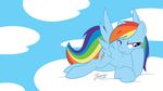  blue_fur bored cloud cutie_mark cyan_body equine female feral fim friendship_is_magic fur hair hi_res light_blue_body lying mammal multi-colored_hair my_little_pony pegasus pink_eyes rainbow_dash rainbow_dash_(mlp) rainbow_hair sky solo wallpaper widescreen wings zajice 