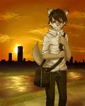  blush brown_hair canine city clothed clothing dusk hair male mammal matsuya river solo standing sunset water 
