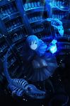  1girl blue blue_eyes book bubbles dress female lamp lantern library open_mouth original skeleton underwater 