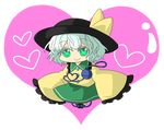  bow chibi eyeball green_eyes hat heart heart-shaped_pupils heart_of_string komeiji_koishi ototachibana_rai short_hair silver_hair skirt smile solo symbol-shaped_pupils third_eye touhou 