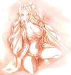  bandaged_chest bell belt breasts female full_body fundoshi gradient gradient_background hair_intakes hair_ornament highres japanese_clothes kimono large_breasts monochrome original panties sarashi short_hair side_ponytail solo spread_legs squatting staff thong tsukasawa_takamatsu tsukazawa 