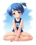  blue_hair blush green_eyes legs_crossed loli mizugi short_hair sky sukumizu swim_ring 