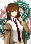  brown_hair gears green_eyes jacket long_hair makise_kurisu necktie red_neckwear solo steins;gate suzuki_(pixiv1277943) 