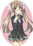  :o ateru bad_id bad_pixiv_id character_request copyright_request glasses long_hair open_mouth ribbon school_uniform skirt solo twintails 