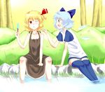  alternate_costume blonde_hair blue_eyes blue_hair bow cirno contemporary food hair_ribbon kuze multiple_girls popsicle red_eyes ribbon rumia short_hair shorts sitting soaking_feet thighhighs touhou water wings 