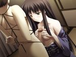  1boy 1girl akasen_gairo bdsm bondage bound breasts brown_hair c-side censored cg clothed_sex eroge game_cg indoors japanese_clothes karazaki_shizue kimono kisugi_chihiro long_hair paizuri penis rope shibari 