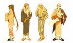  archer assassin_(fate/stay_night) bathrobe blonde_hair cigarette crimo dark_skin dark_skinned_male earrings fate/stay_night fate_(series) gilgamesh japanese_clothes jewelry lancer male_focus monochrome multiple_boys muted_color ponytail slippers striped towel vertical_stripes 