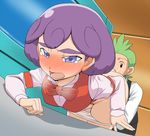  blush cabernet_(pokemon) dent_(pokemon) green_hair jouwan male_focus panties panty_pull pokemon purple_eyes purple_hair pussy_juice tears underwear 