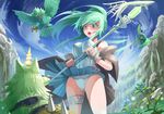  belt blue_sky blush day duel_monster fingerless_gloves flower gloves green_eyes green_hair gusto_falco gusto_gulldo gusto_thunbolt hokuto_shinken jacket long_hair nature off_shoulder panties pantyshot ponytail sky underwear wand wind wind_lift winda_priestess_of_gusto yuu-gi-ou 