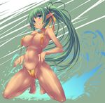  areola_slip areolae breasts covered_nipples curvy green_eyes green_hair kneeling large_breasts long_hair original pointy_ears ponytail shimakaze shiny shiny_skin slingshot_swimsuit solo swimsuit tan wet 