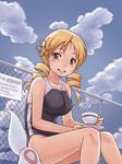  blonde_hair blue_sky blush breasts chain-link_fence cloud competition_swimsuit cup day drill_hair face fence kyubey large_breasts mahou_shoujo_madoka_magica one-piece_swimsuit outdoors saucer sitting sky smile swimsuit teacup tomoe_mami twin_drills twintails wet yellow_eyes yoshikawa_kazunori 