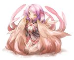  avian blush breasts cleavage feather feathers female frfr hair harpy jewelry kneeling looking_at_viewer monster monster_girl navel no_nose open_mouth orange_eyes pendant plain_background purple_hair simple_background solo wings yellow_eyes 