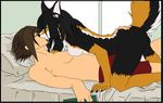  black border_collie boxers breasts brown_hair canine chest_tuft couple cute darkghost dog eyes_closed female green_eyes hair human interspecies kissing long_hair male naturally_censored nude orange spikey_hair tail underwear white 