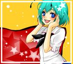 :d antennae aqua_hair bad_id bad_pixiv_id blue_eyes blush cape death_trip_21 dress_shirt hands_on_own_cheeks hands_on_own_face open_mouth shirt short_hair smile solo star touhou upper_body wriggle_nightbug 