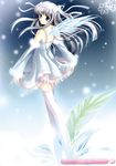  absurdres blue_eyes copyright_request detached_collar dress grey_hair hazumi_rio highres leaf legs siblings snow snowflakes solo thighhighs twins two_side_up white_legwear 