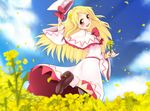  blonde_hair blush bow capelet cloud day dress field flower flower_field ginji74 hat hat_removed hat_ribbon headwear_removed lily_white long_hair looking_back petals pinky_out rapeseed_blossoms red_eyes ribbon sash sky smile solo touhou very_long_hair waving wide_sleeves 