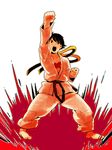  attack barefoot black_hair choker dougi fighting_stance hamu_fukurou makoto_(street_fighter) open_mouth pose punching ribbon_choker short_hair solo sports_bra street_fighter 