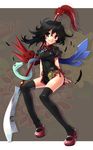  adapted_costume alternate_hairstyle asymmetrical_wings black_hair black_legwear china_dress chinese_clothes dress feathers full_body glaive houjuu_nue katahira_masashi mary_janes polearm red_eyes shoes sitting smile snake solo tassel thighhighs touhou weapon wings 