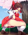  anus bad_id bad_pixiv_id blush bow brown_eyes brown_hair censored detached_sleeves hair_bow hair_tubes hakurei_reimu koucha_(nodoka-123) loafers long_hair looking_back no_panties open_mouth pee peeing petals pussy shoes socks solo squatting sweat touhou tree white_legwear 