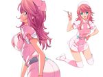  arm_up artist_request blue_eyes breasts full_body gloves hat large_breasts long_hair media_(quiz_magic_academy) nurse nurse_cap open_mouth pink_hair quiz_magic_academy syringe thighhighs transparent_background wavy_hair 