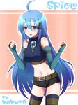  ahoge belt blue_eyes blue_hair blush character_request detached_sleeves impossible_shirt navel smile striped_thighhighs thighhighs 