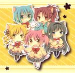  akemi_homura animal_ears bad_id bad_pixiv_id black_hair blush bow cat_ears chibi drill_hair fang hair_bow hair_ribbon hairband kaname_madoka kyubey mahou_shoujo_madoka_magica matsusaka_gyuu miki_sayaka multiple_girls pantyhose ribbon sakura_kyouko thighhighs tomoe_mami 