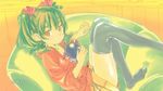  black_thighhighs blouse brown_eyes chair green_hair hair_ribbon hikaru_(houkago_no_pleiades) houkago_no_pleiades long_hair lying on_back ribbon shirt shorts thighhighs twin_tails 