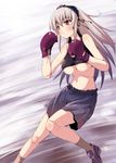  boxing_gloves boxing_shorts breasts doll_joints large_breasts long_hair midriff purple_eyes rozen_maiden shorts silver_hair solo suigintou sweat tousen underboob 