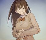  bad_id bad_pixiv_id brown_hair closed_eyes crying gradient gradient_background grin highres holding_hands kawai_makoto long_hair long_sleeves neck_ribbon original out_of_frame pov pov_hands ribbon school_uniform simple_background smile solo_focus sweater 