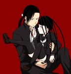  androgynous black_hair black_legwear crossdressing envy_(fma) fullmetal_alchemist headband itou_(itsuko) lap ling_yao multiple_boys otoko_no_ko red_eyes school_uniform serafuku simple_background sitting sitting_on_lap sitting_on_person skirt smile thighhighs zettai_ryouiki 